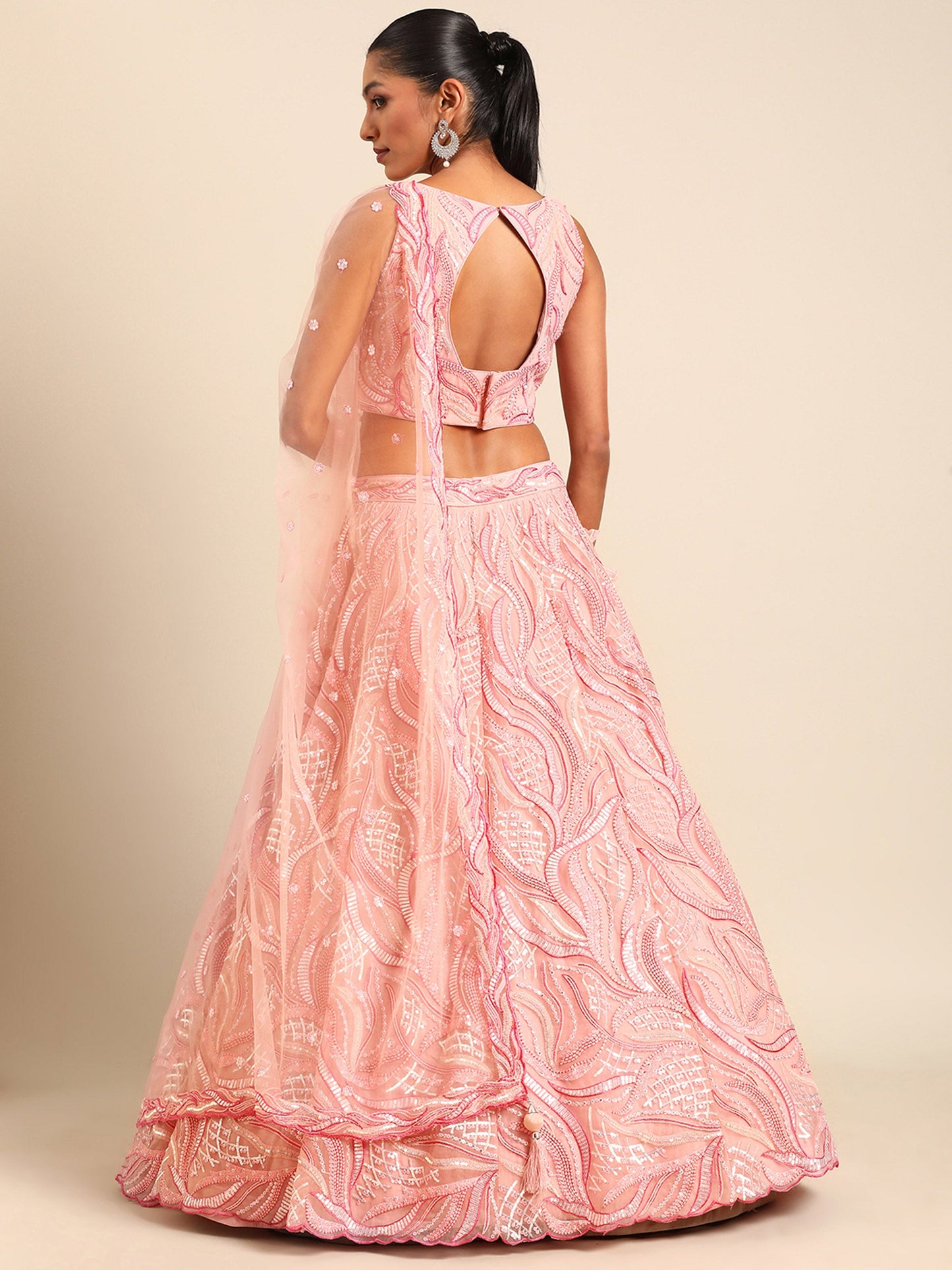 Coral Pink Net Sequins and Zarkan embroidery Lehenga