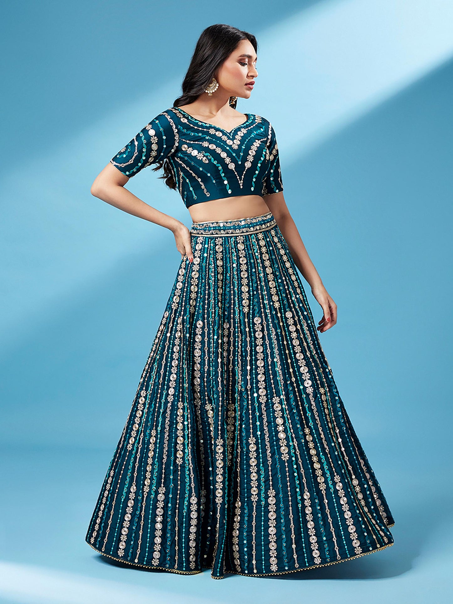 Teal Pure Georgette Sequinse Work Lehenga