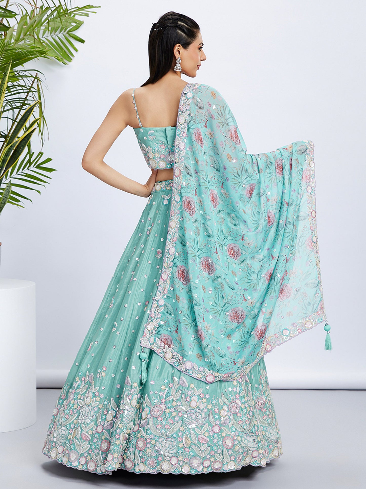 Sea green Chiffon Sequins and thread embroidery Lehenga