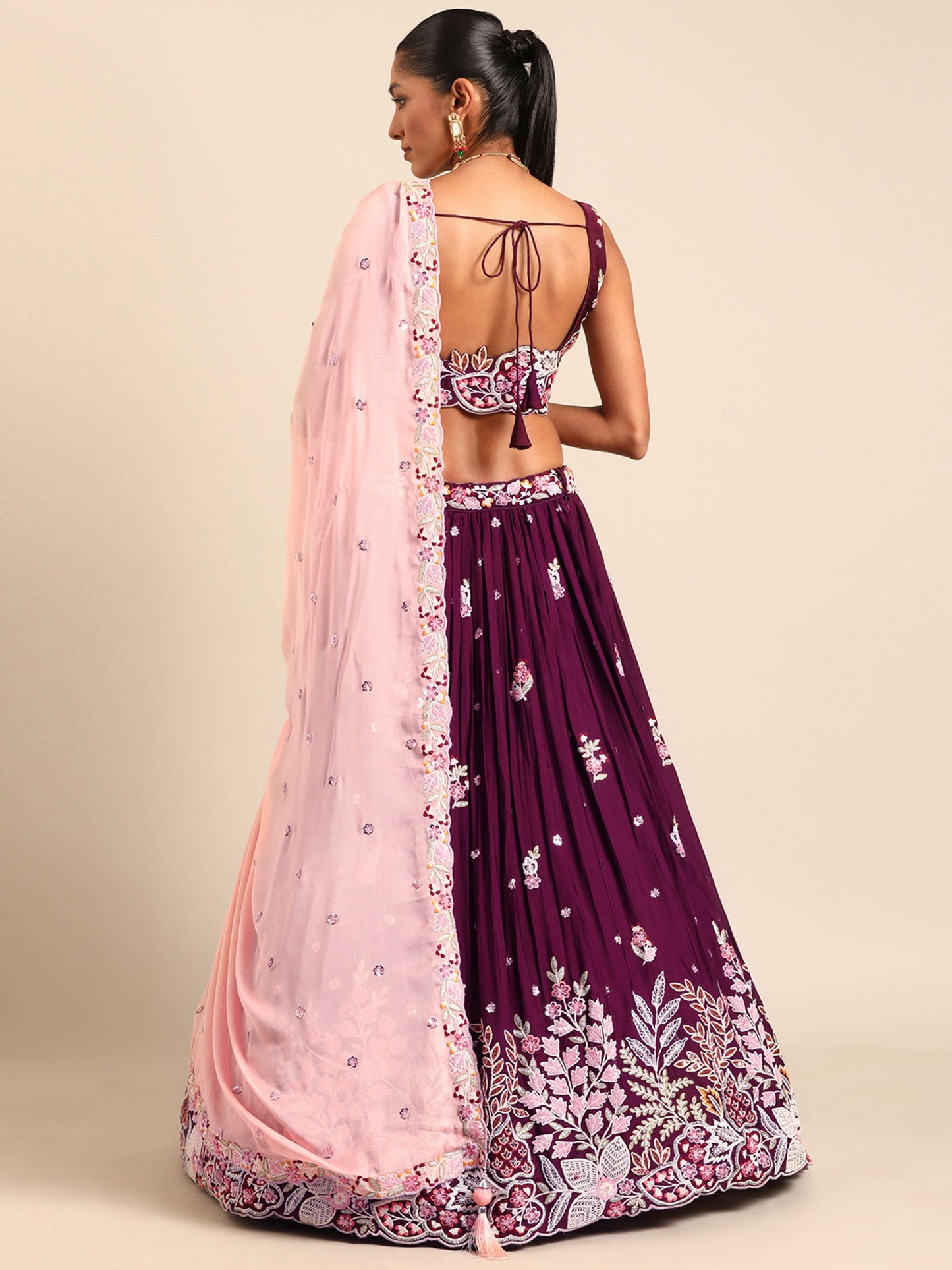 Burgundy Georgette Sequins and thread embroidery Lehenga