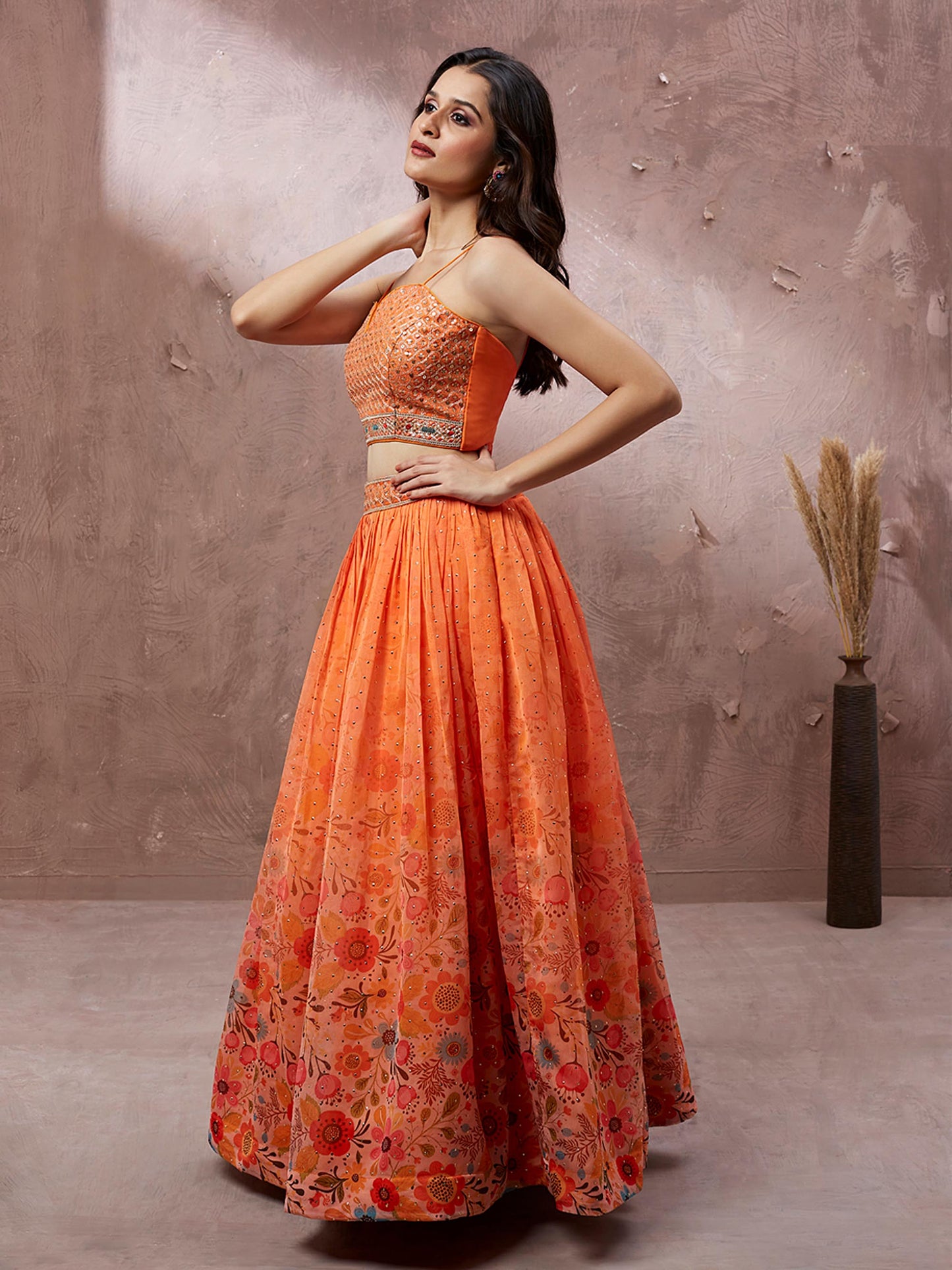 Orange Organza Floral Printed Lehenga choli & Dupatta