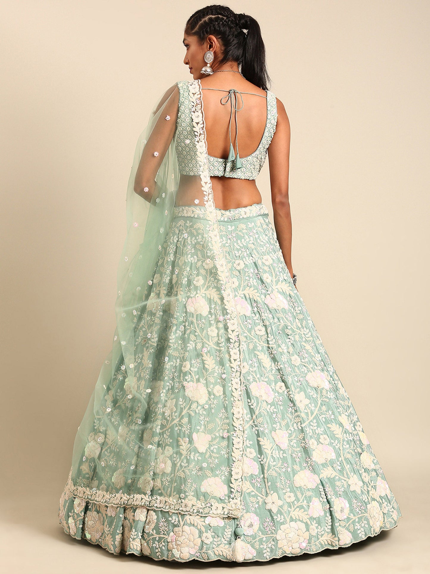 Sea Green Chinon Sequins and Zarkan embroidery Lehenga