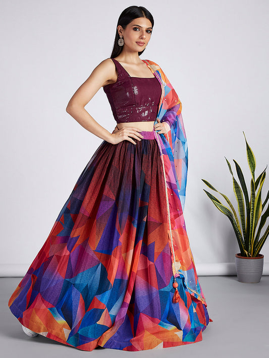 Multi colour Organza Abstrack design digital print Lehenga