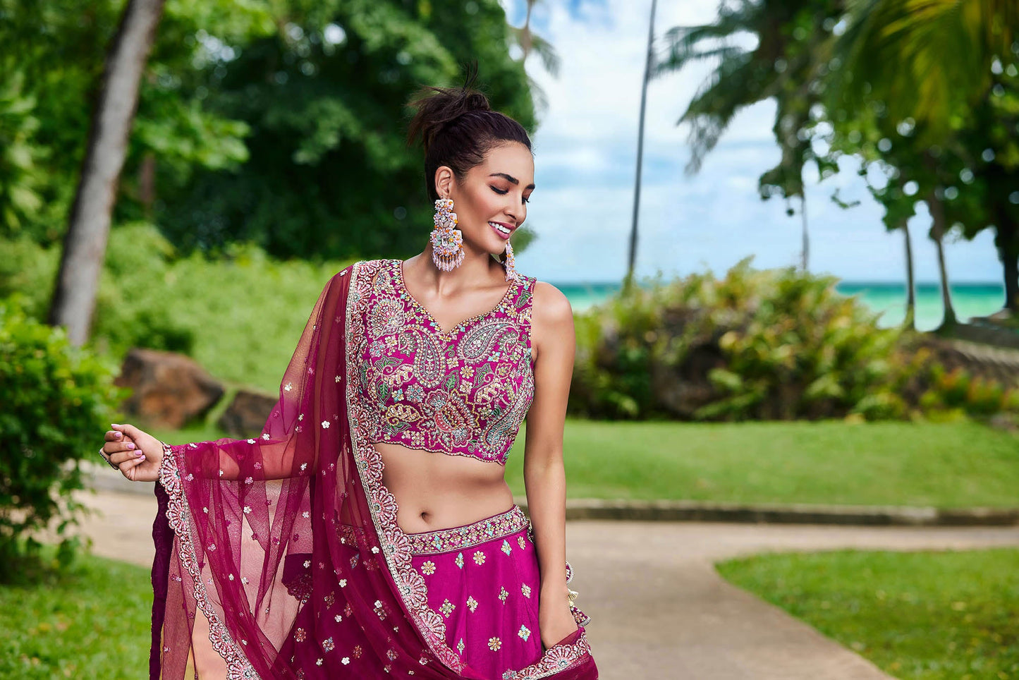 Burgundy Satin Silk Sequins and Zarkan embroidery Lehenga