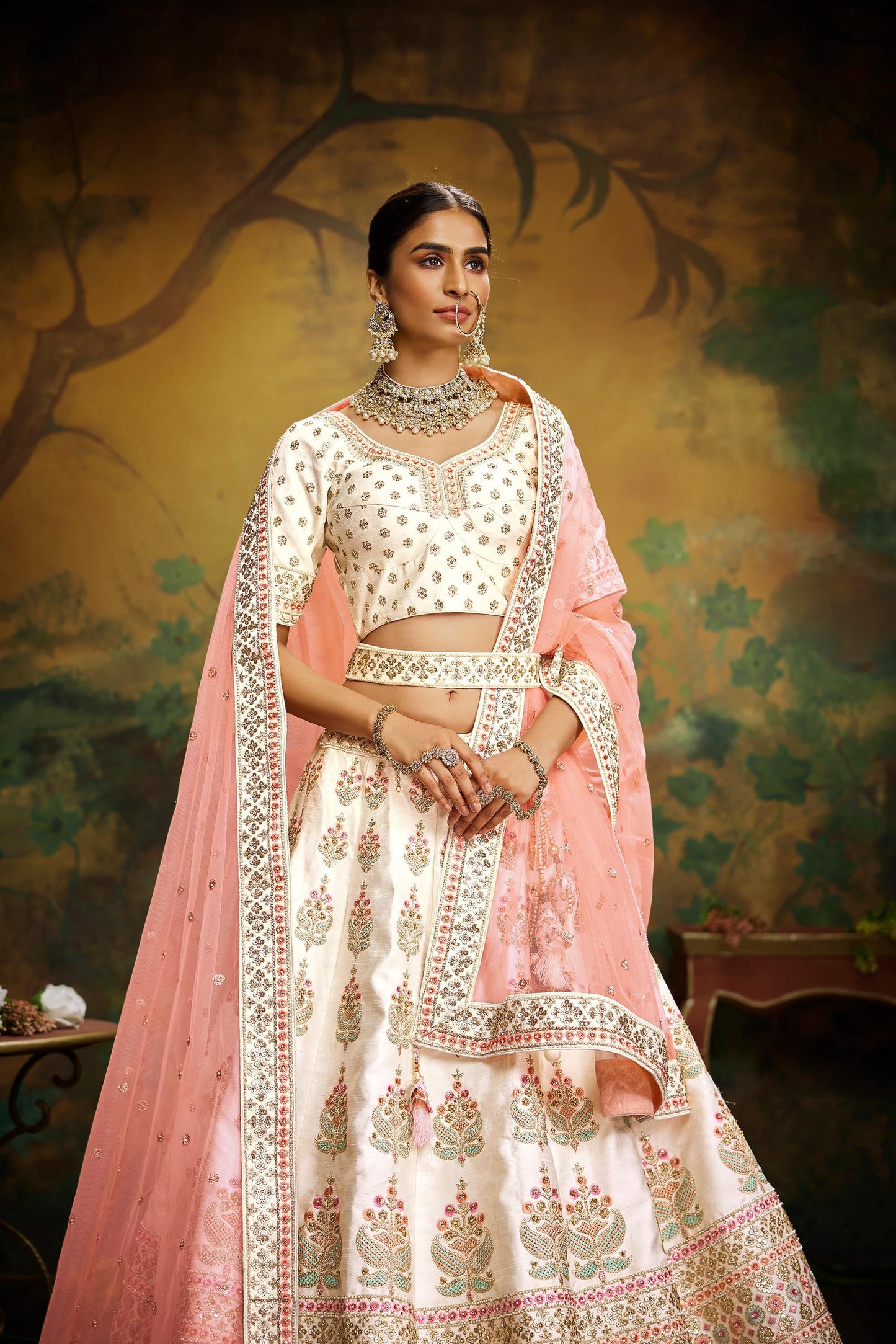 Off White Pure Silk Moti & Zarkan heavy embroidery Lehenga