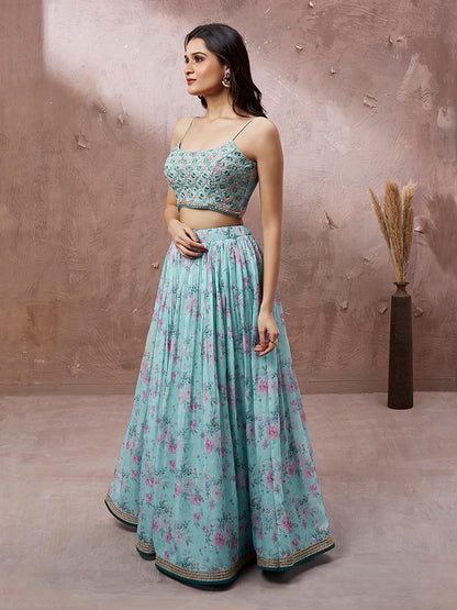 Turquoise Blue Organza Floral Printed Lehenga choli & Dupatta