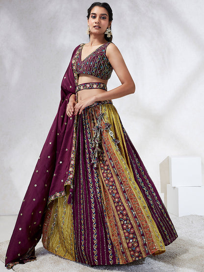 Burgundy Chiffon Position print with Sequins embroidery Lehenga