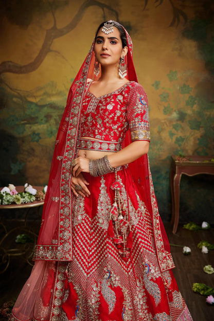 Red Pure Silk Moti & Zarkan heavy embroidery Lehenga