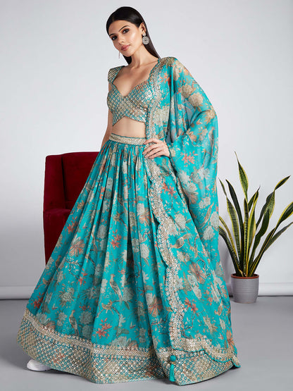 Sea green Organza Floral design digital print Lehenga