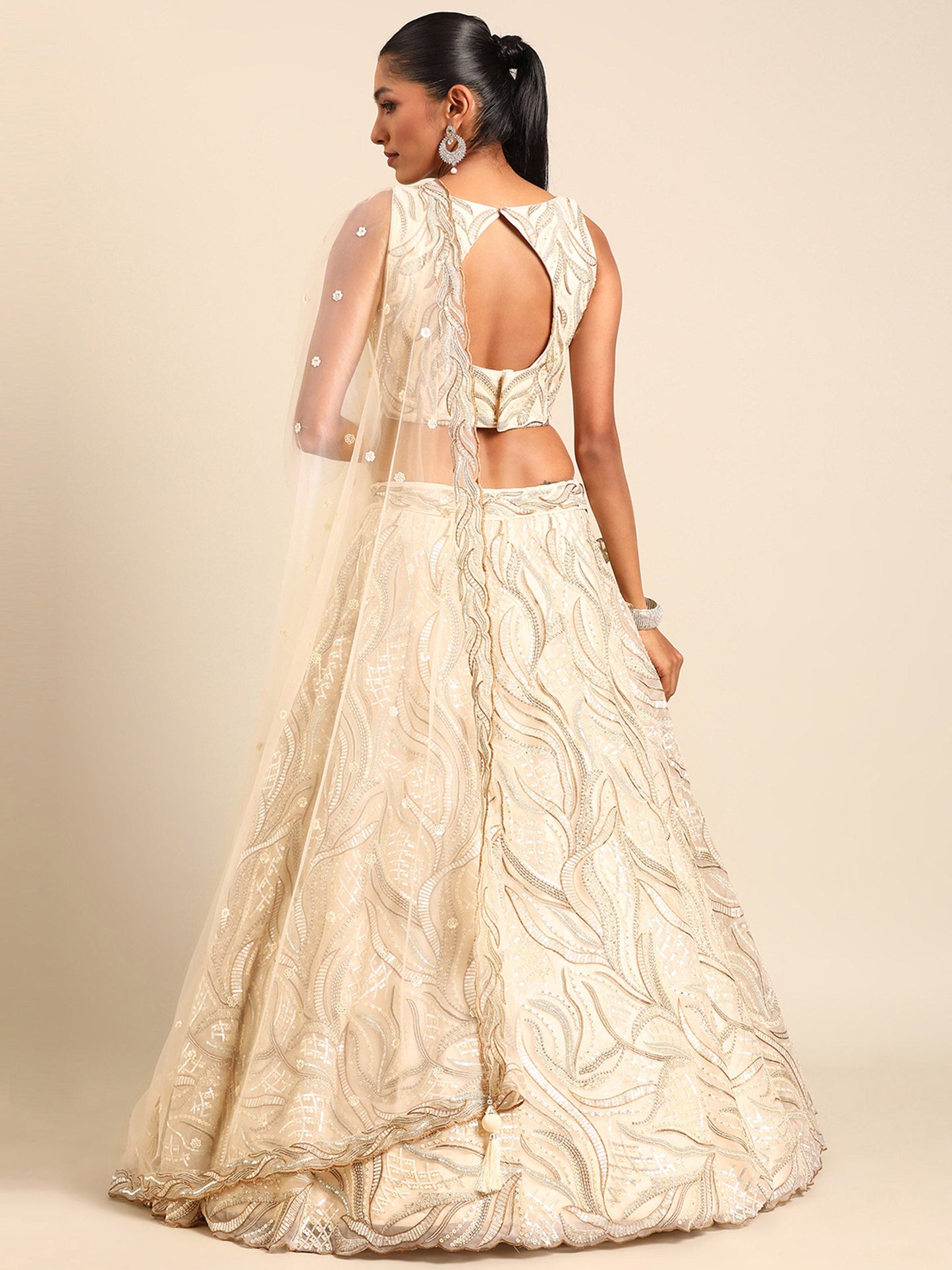 Cream Net Sequins and Zarkan embroidery Lehenga