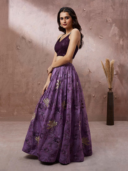 Lavender Organza Floral Printed Lehenga choli & Dupatta