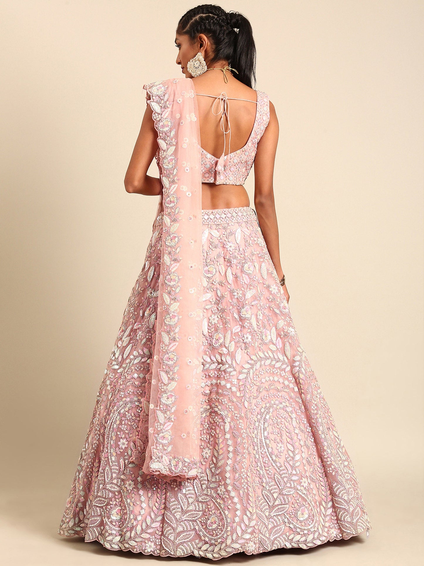 Pink Net Multi Sequins & Zarkan Embroidery Bridesmaid Lehenga