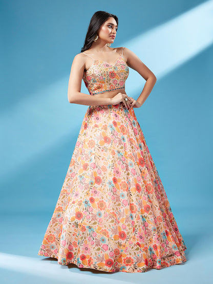 Orange Organza Floral Printed Lehenga choli & Dupatta