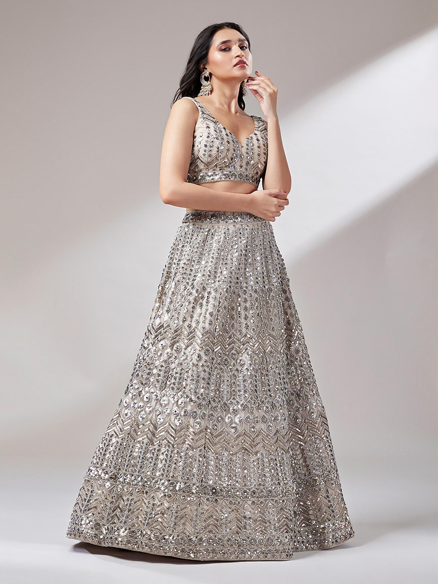 Beige Net Mirror & Sequins Embroiderey Lehenga