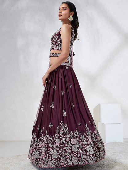 Burgundy  Georgette Sequins and thread embroidery Lehenga