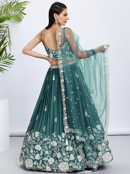 Turquoise blue Pure Georgette Sequins and thread embroidery Lehenga