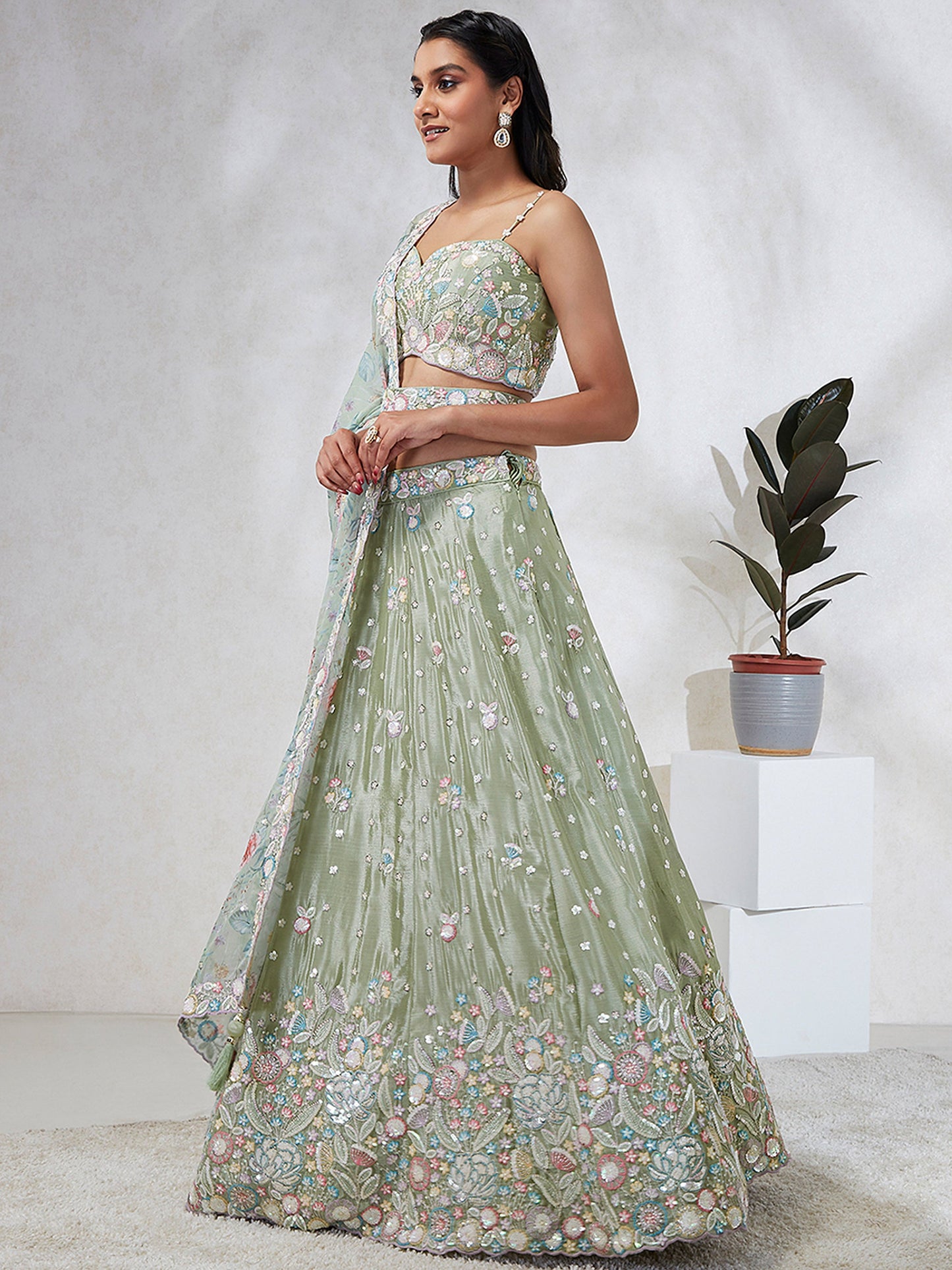 Lime green Chiffon Sequins and thread embroidery Lehenga