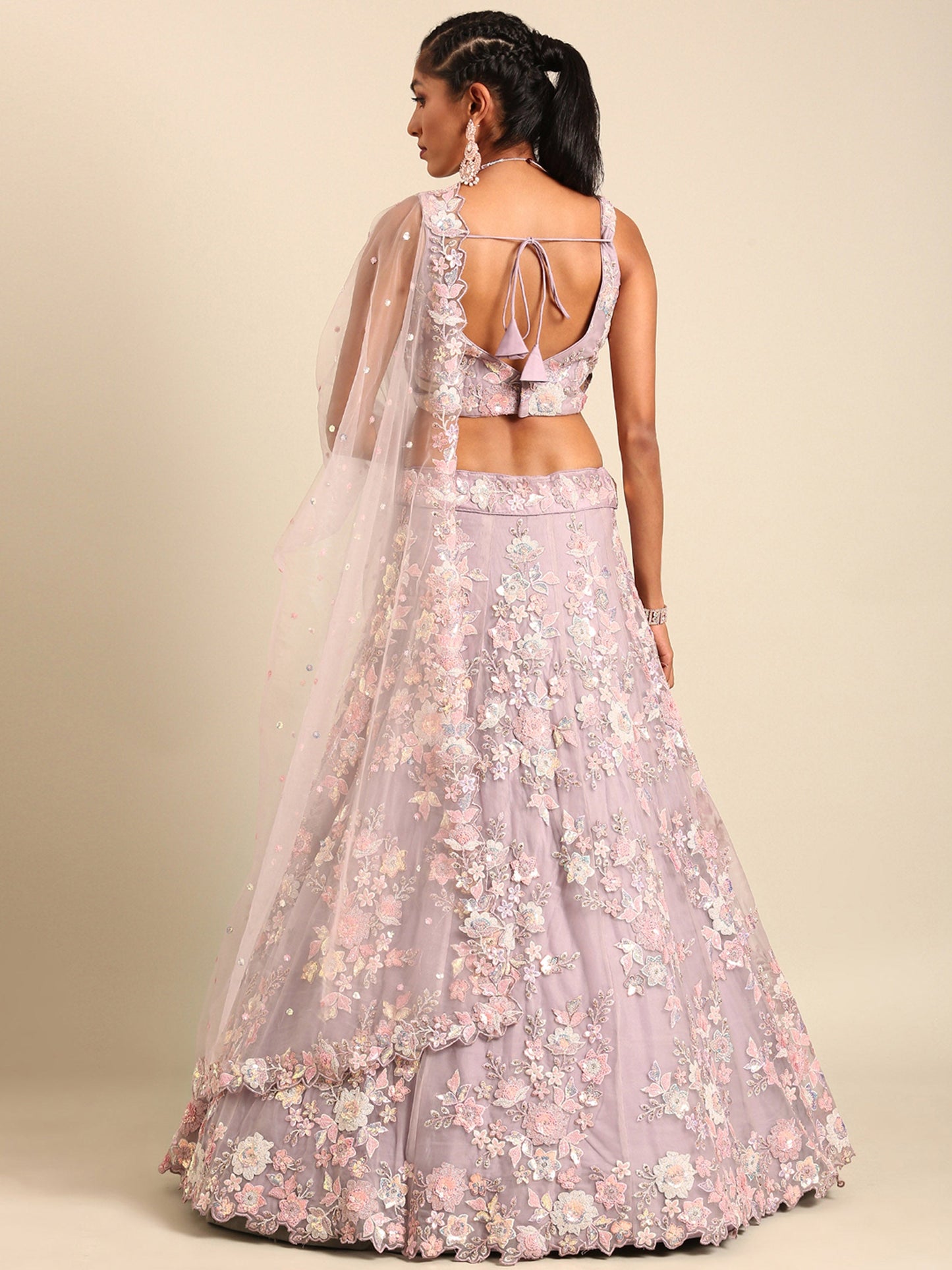 Mauve Net Zarkan embroidery Lehenga