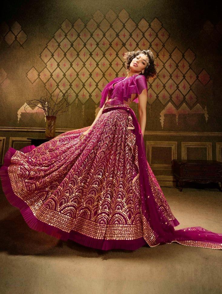 Wine Soft Net Party Wear Lehenga Set