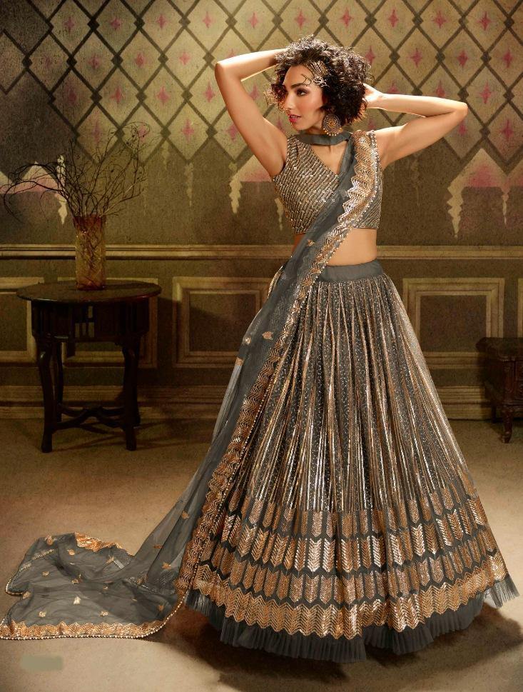 Grey Soft Net Party Wear Lehenga Set