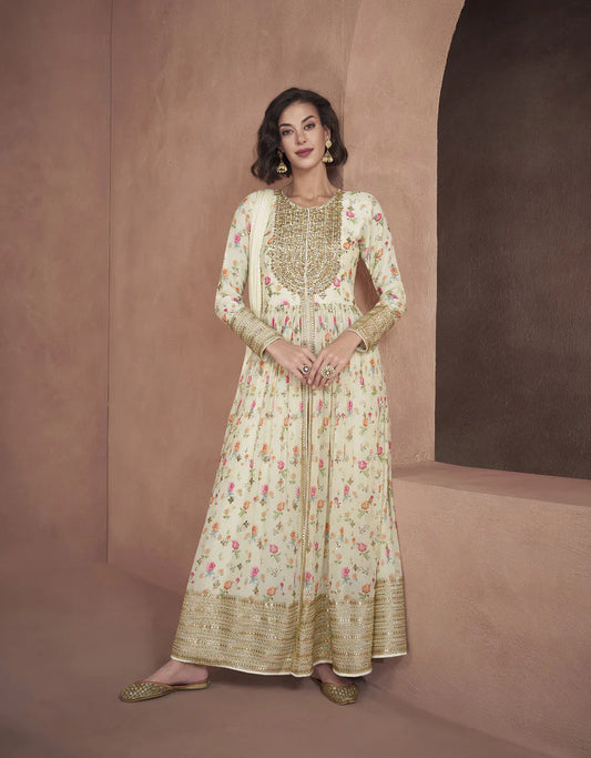 Off White Floral Print Chinnon Sharara for Bridesmaid - Rent