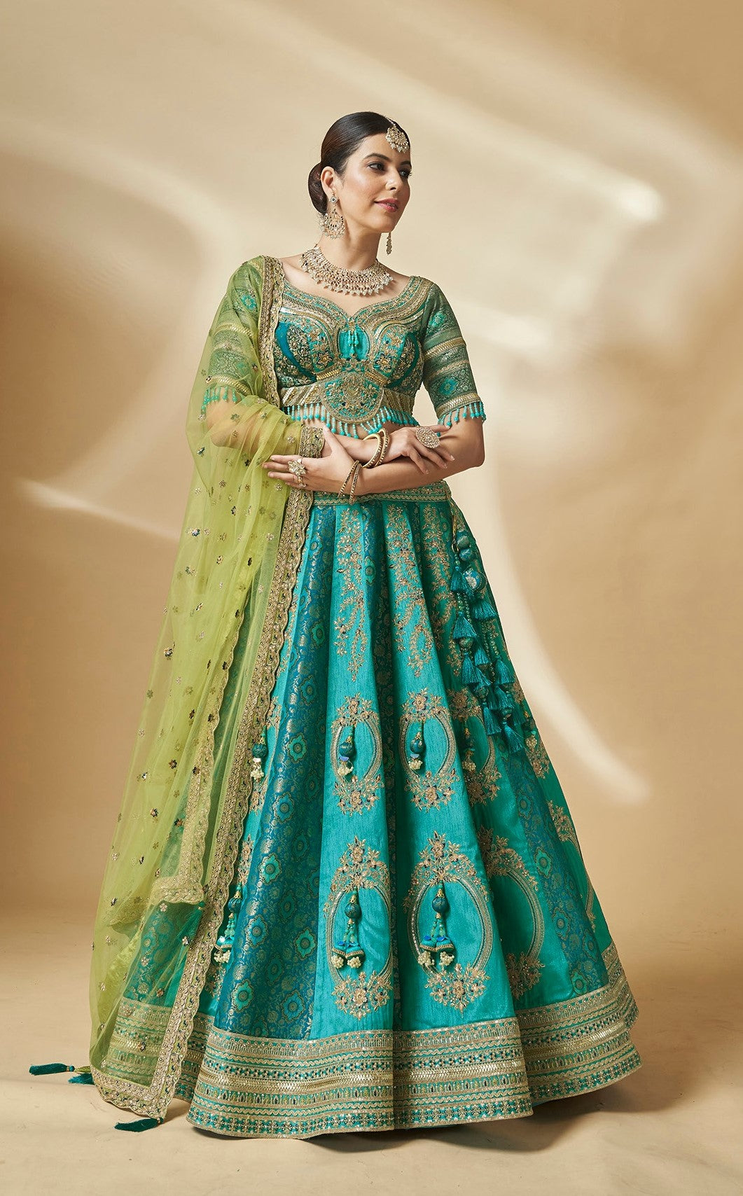 Turquoise Blue Color Art Silk Hand Work Bridal Lehenga