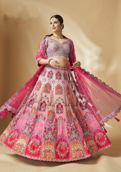 Pink Color Art Silk Hand Embroidery Bridal Lehenga