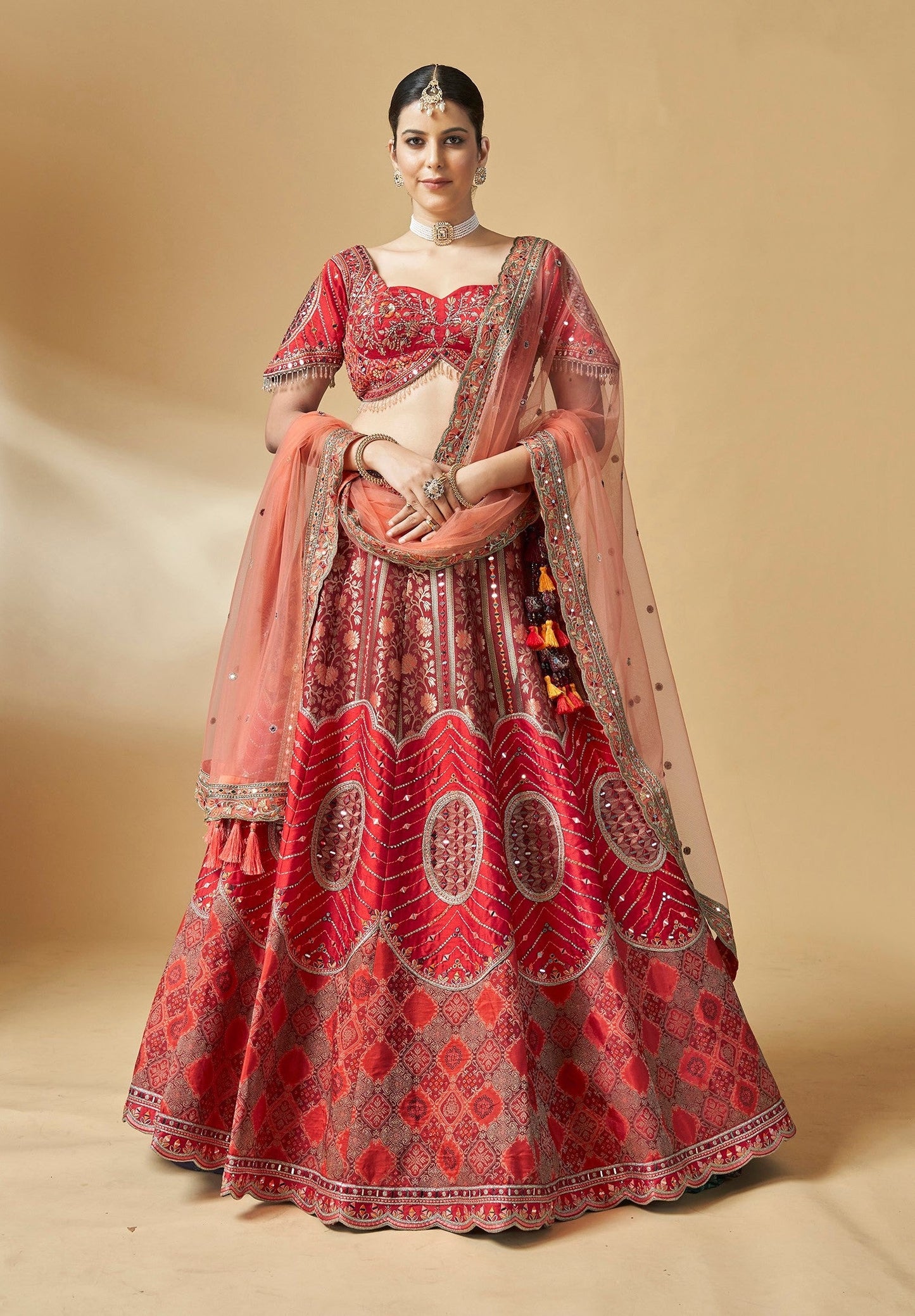 Red Color Art Silk Beautiful Hand Work Bridal Lehenga