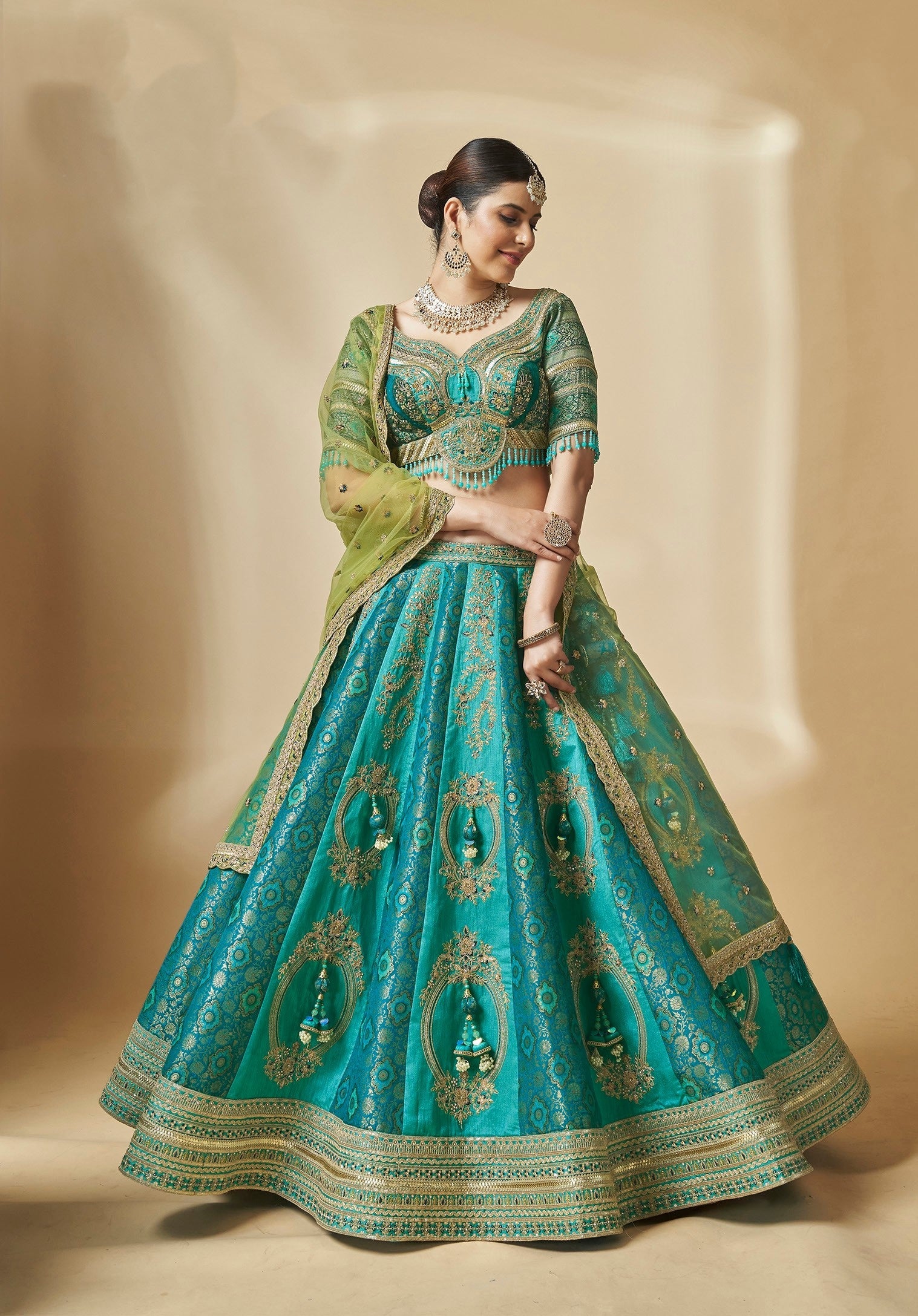 Turquoise Blue Color Art Silk Hand Work Bridal Lehenga