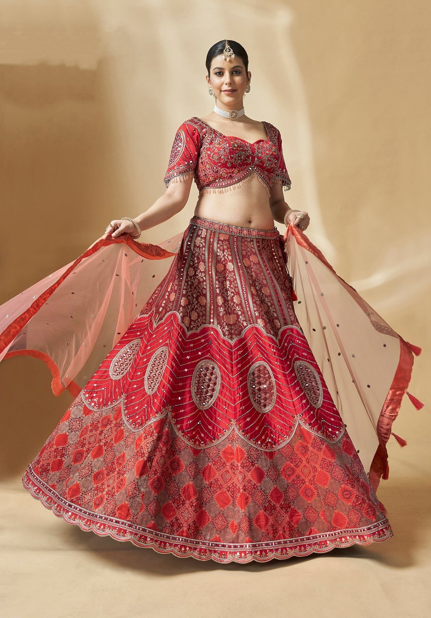 Red Color Art Silk Beautiful Hand Work Bridal Lehenga