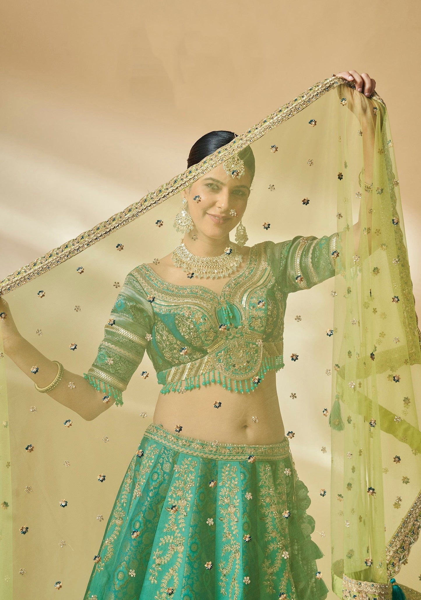 Turquoise Blue Color Art Silk Hand Work Bridal Lehenga