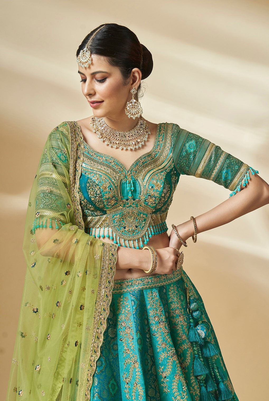 Turquoise Blue Color Art Silk Hand Work Bridal Lehenga