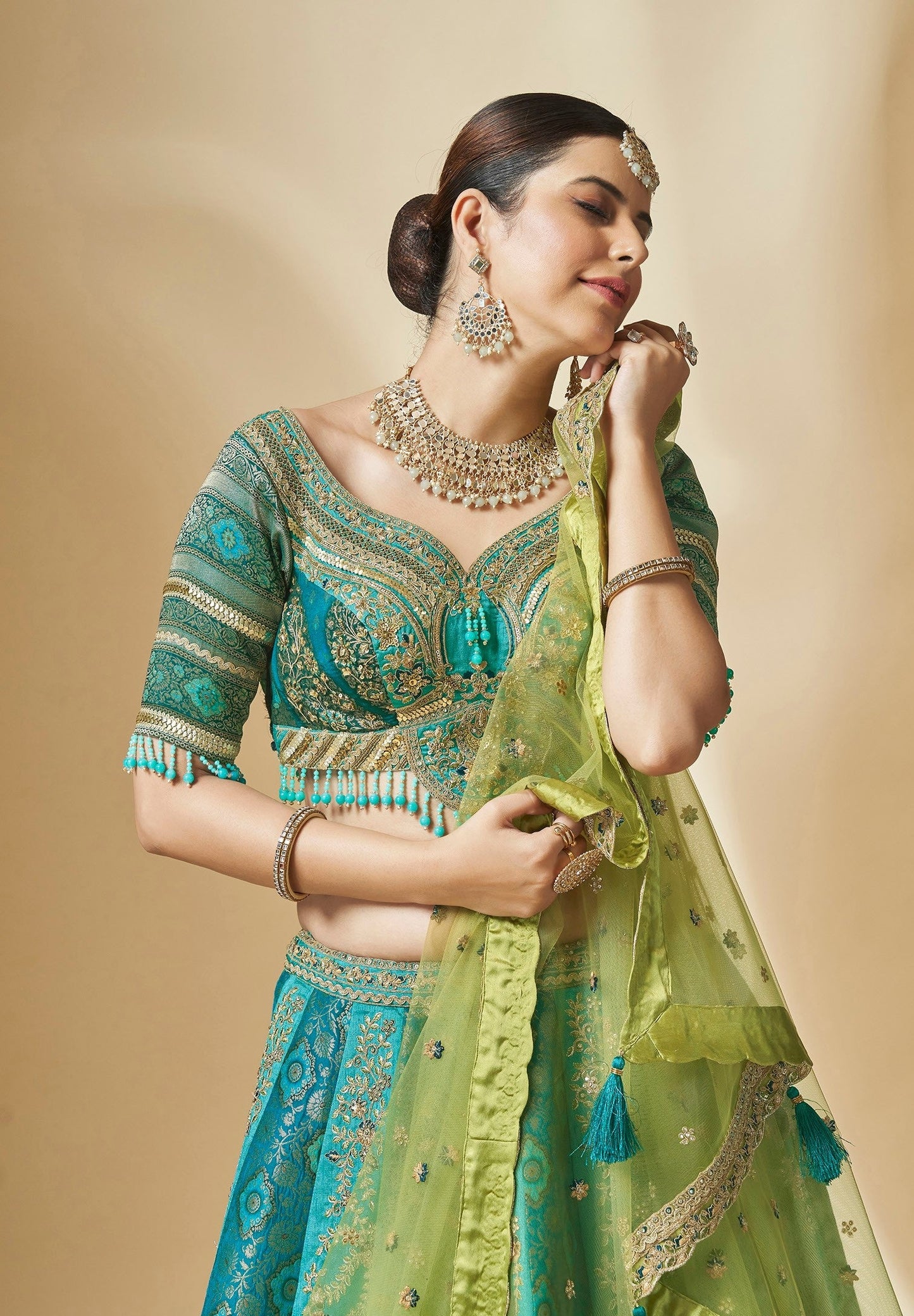 Turquoise Blue Color Art Silk Hand Work Bridal Lehenga