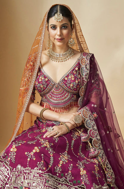 Wine Color Art Silk Beautiful Hand Work Bridal Lehenga