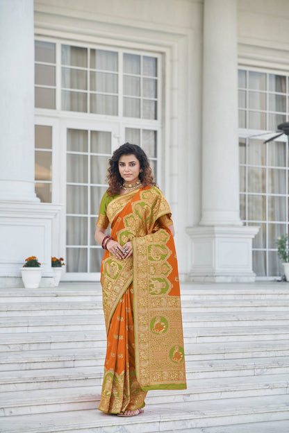 Orange Color Banarasi Zari Weaving Saree