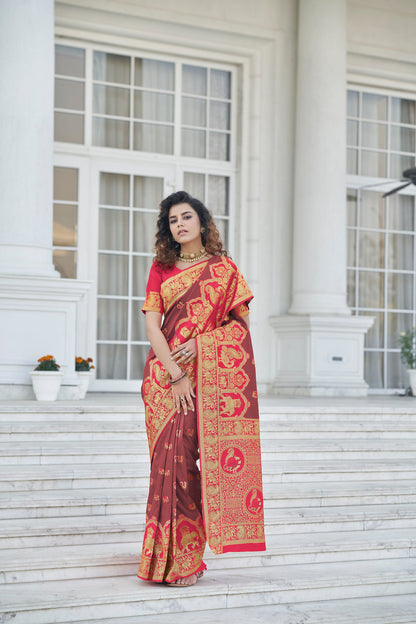 Brown Color Banarasi Zari Weaving Saree for Mehendi