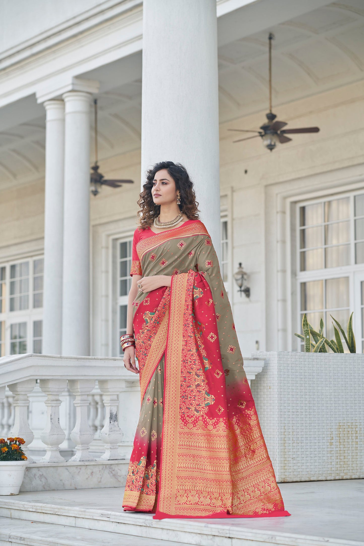 Grey Color Banarasi Zari Weaving Saree