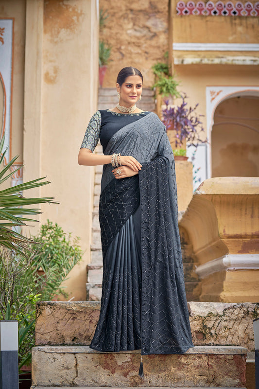 Grey Color Chinnon Sequence Work Saree For Order