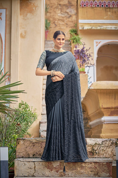 Grey Color Chinnon Sequence Work Saree