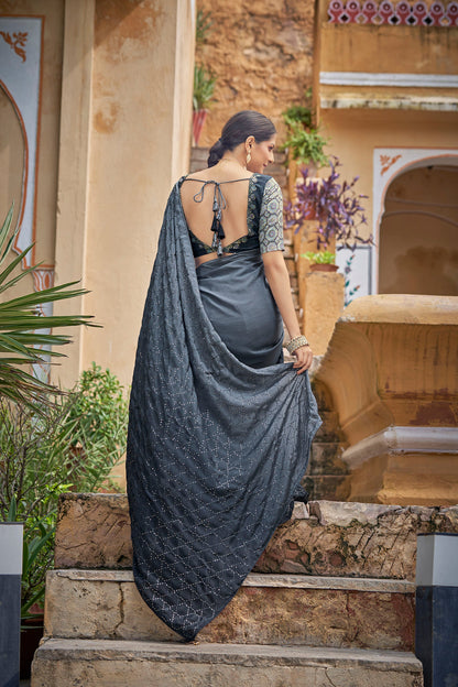 Grey Color Chinnon Sequence Work Saree