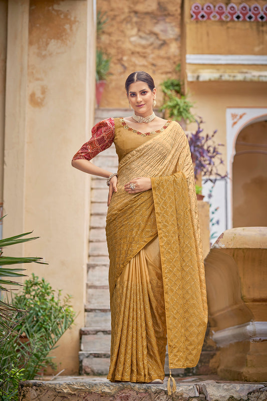 Yellow Color Chinnon Sequence Work Saree for Wedding Guest for Order