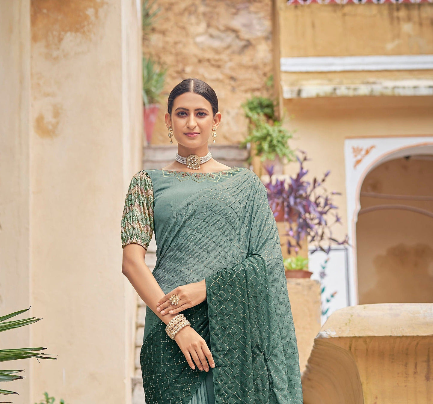 Green Color Chinnon Sequence Work Saree