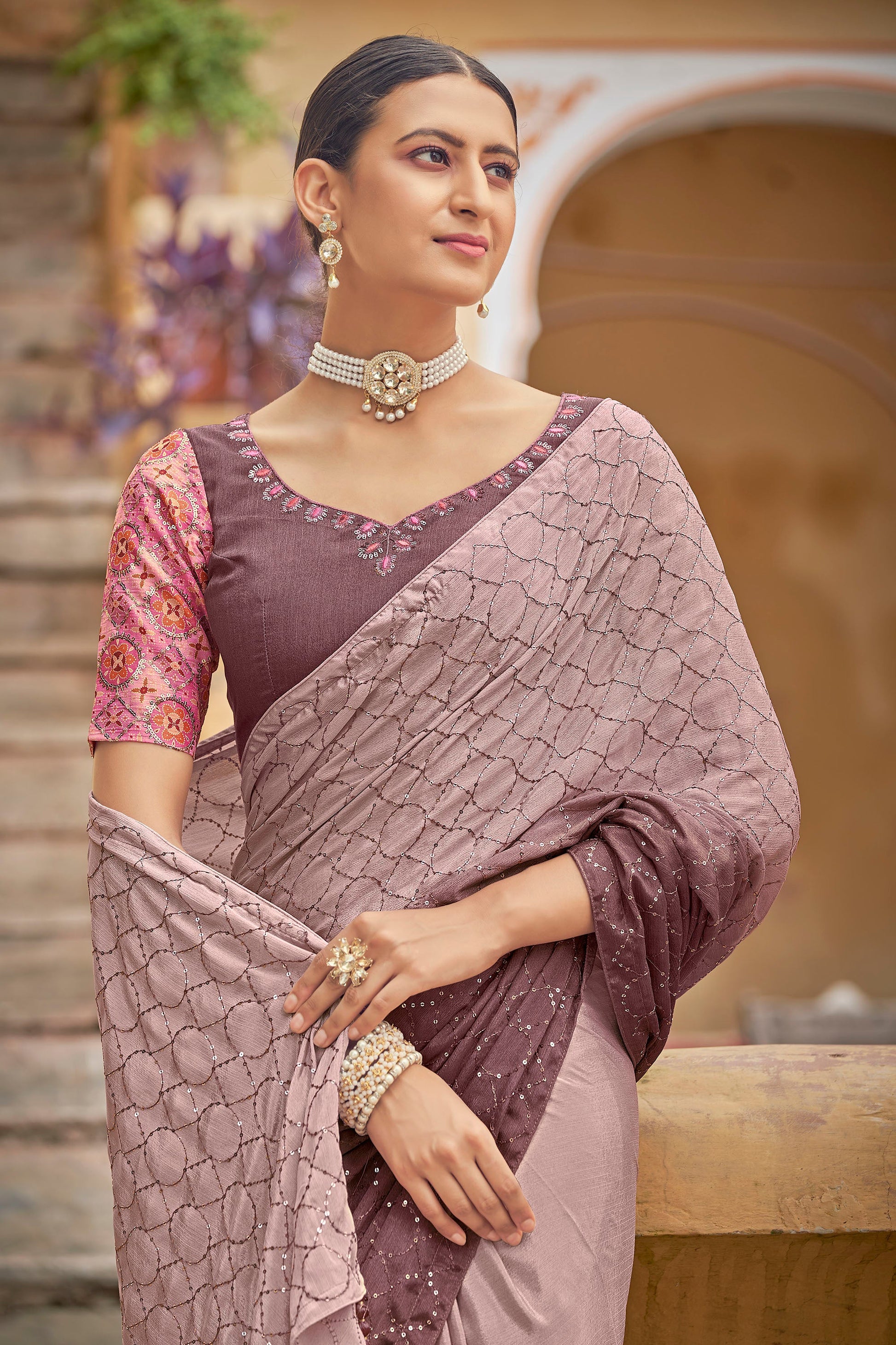 Dusty Pink Color Chinnon Sequence Work Saree