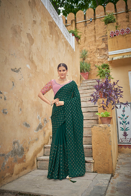Dark Green Chinnon Sequence Work Saree for Mehndi For Order