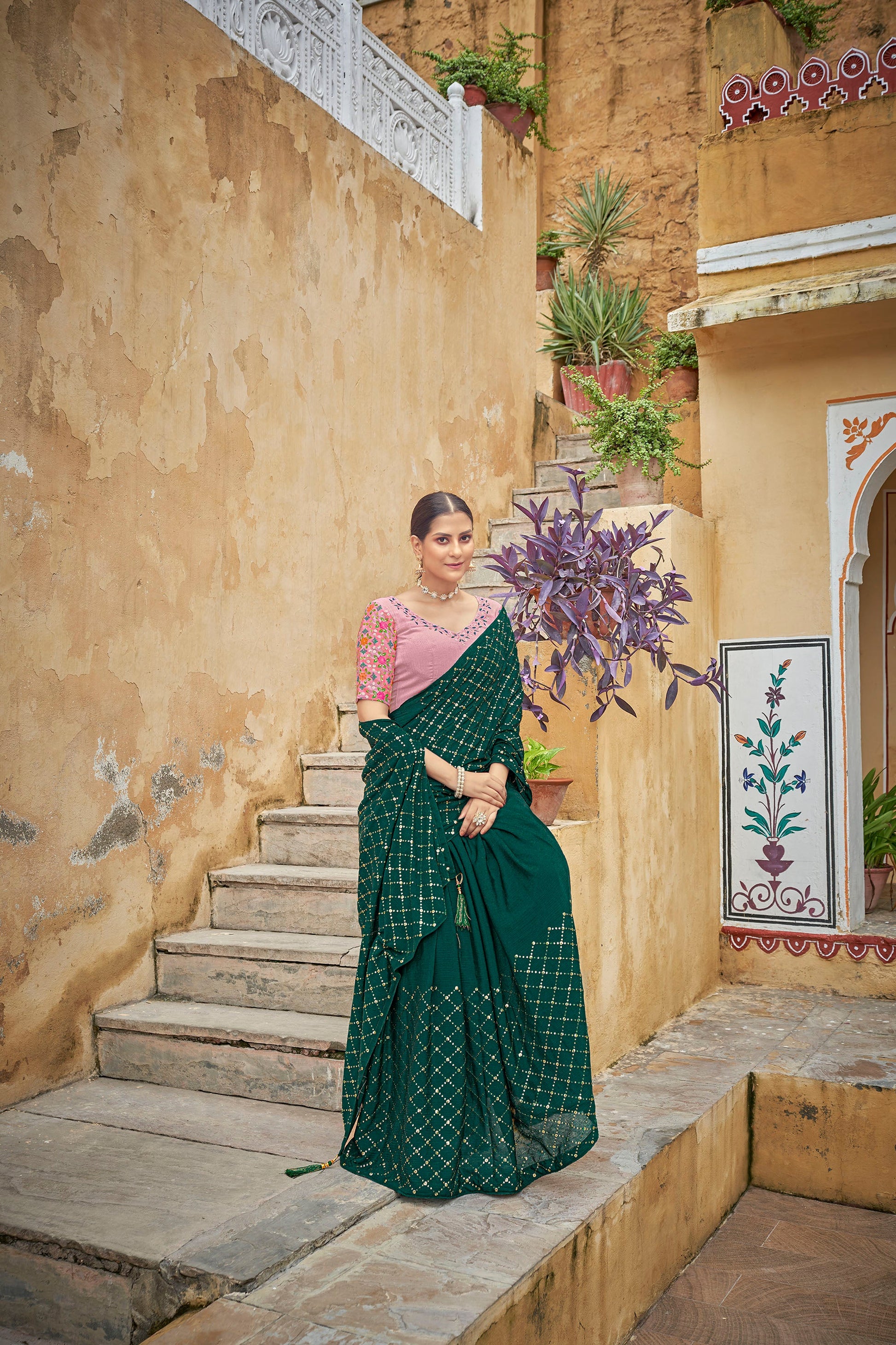 Green Chinnon Sequence Work Saree