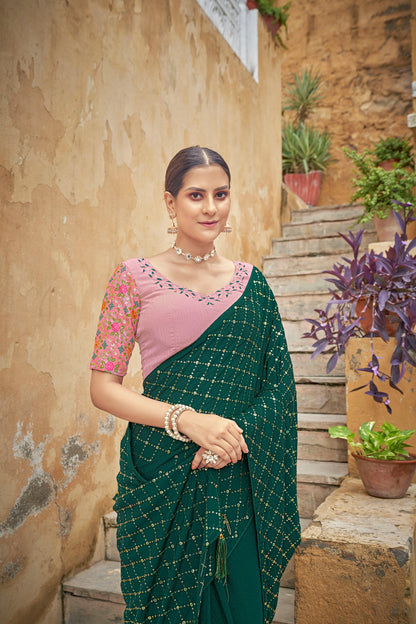 Green Chinnon Sequence Work Saree