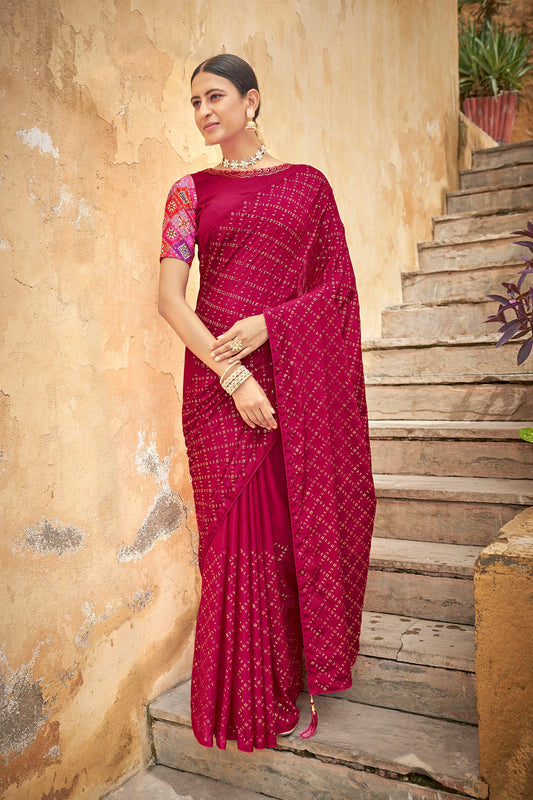 Dark Pink Color Chinnon Sequence Work Saree for Cocktail For Order