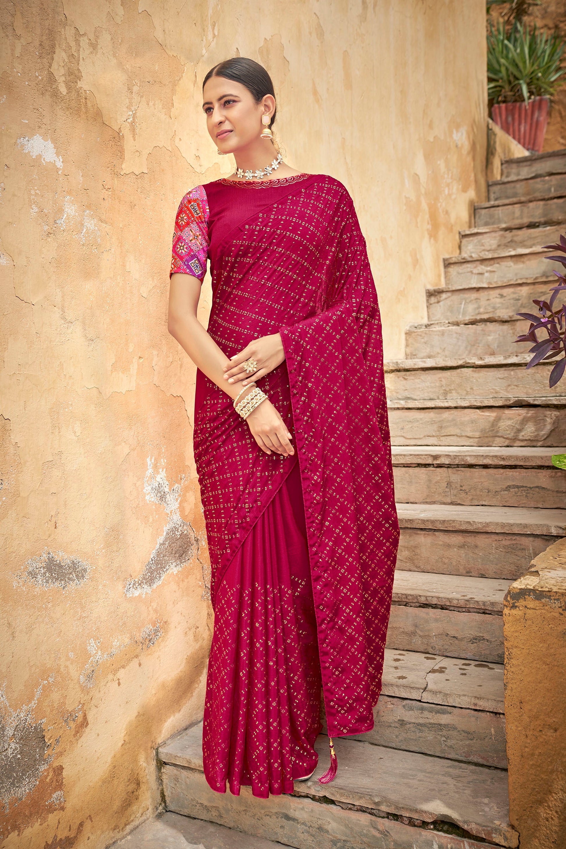 Dark Pink Color Chinnon Sequence Work Saree