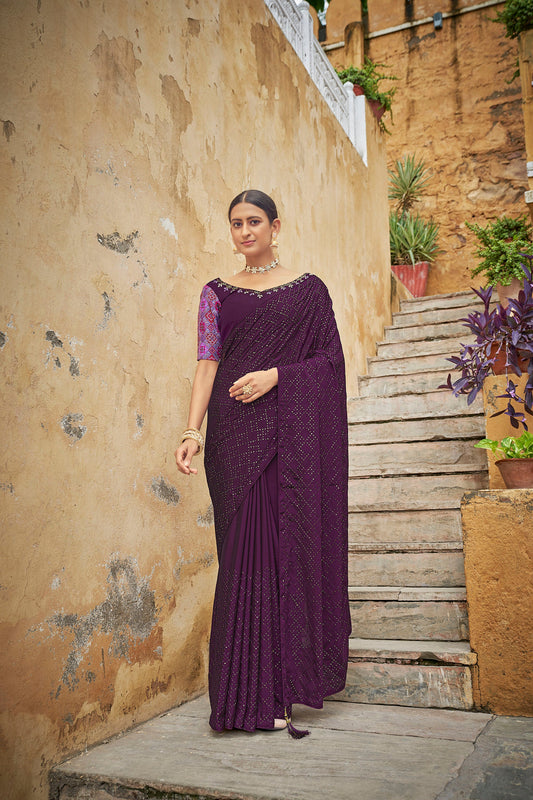 Purple Color Chinnon Sequence Work Saree for Wedding Guest For Order