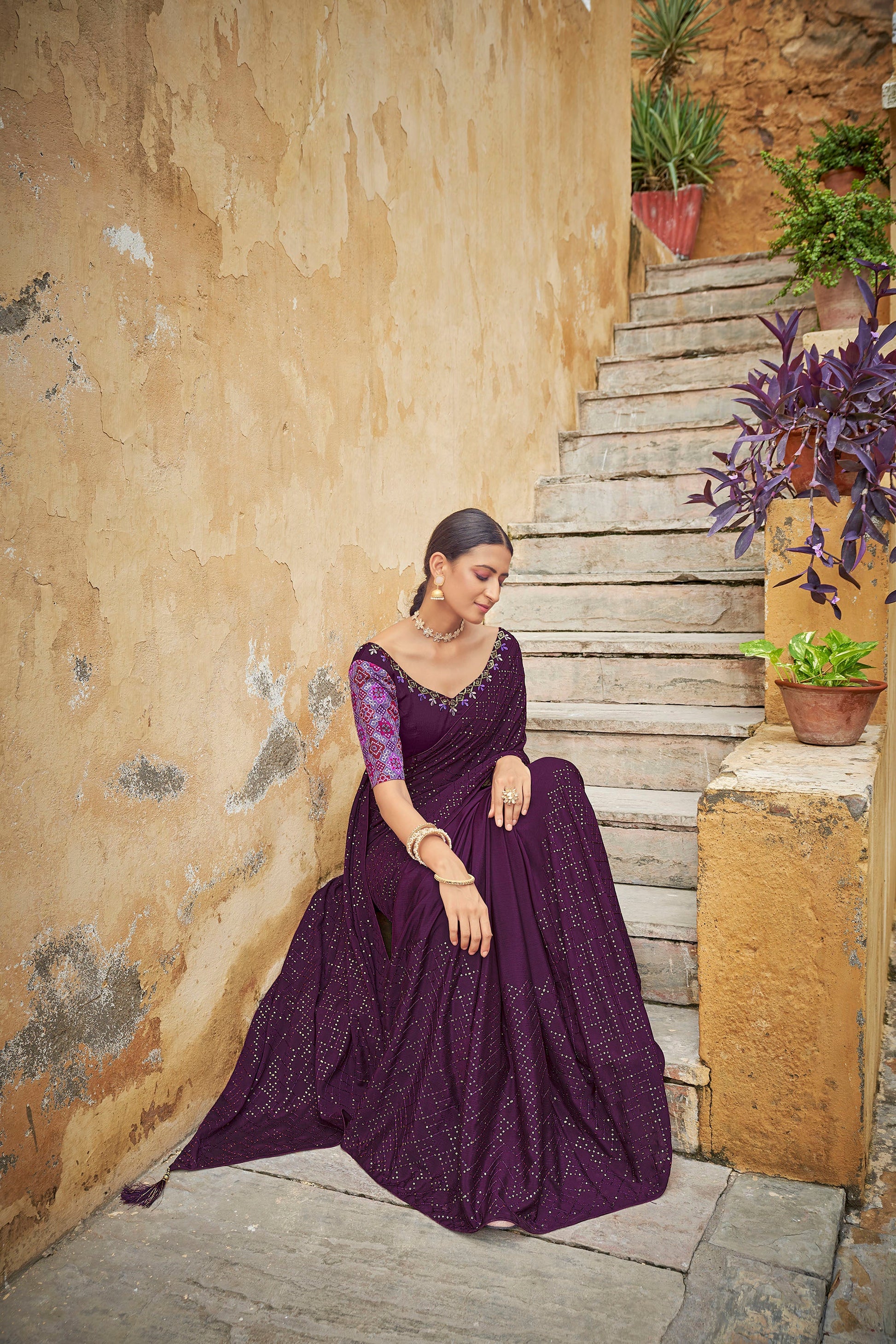 Purple Color Chinnon Sequence Work Saree